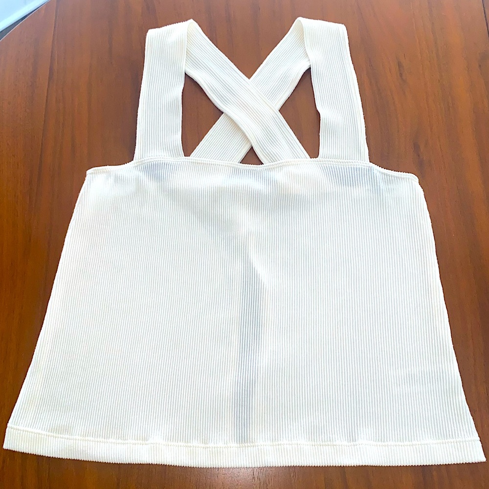 Project Social T Tank Cream Ribbed Criss Cross Open Back Buttons Soft Women’s M